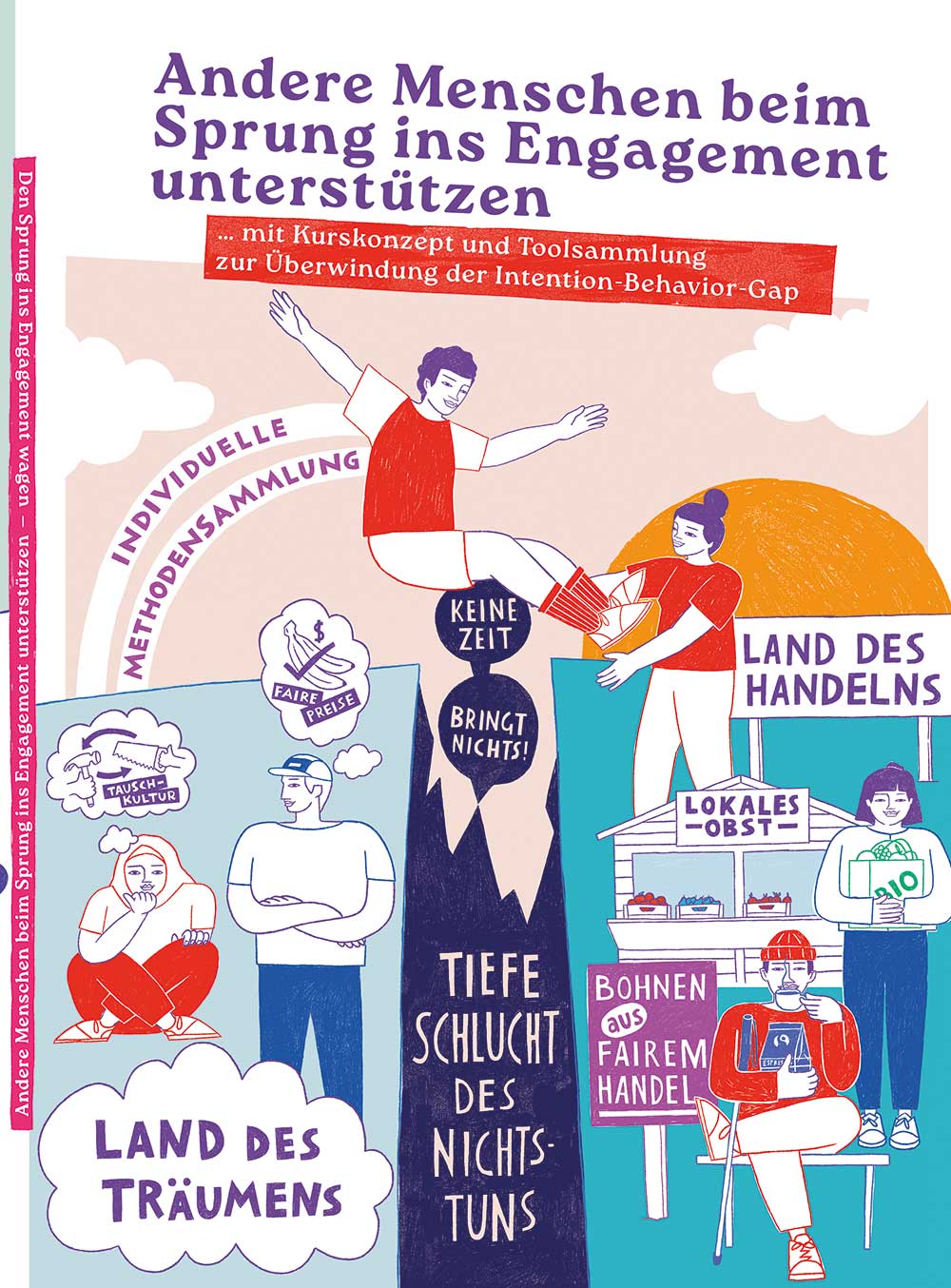 Cover illustration showing less people on the left side thinking about how to engage in sustainable practices, while more people on the right side are actively participating in some actions. One person is depicted mid-jump, with the help of a do-er